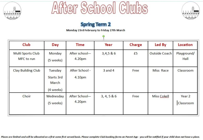 After School Clubs for Spring Term 2